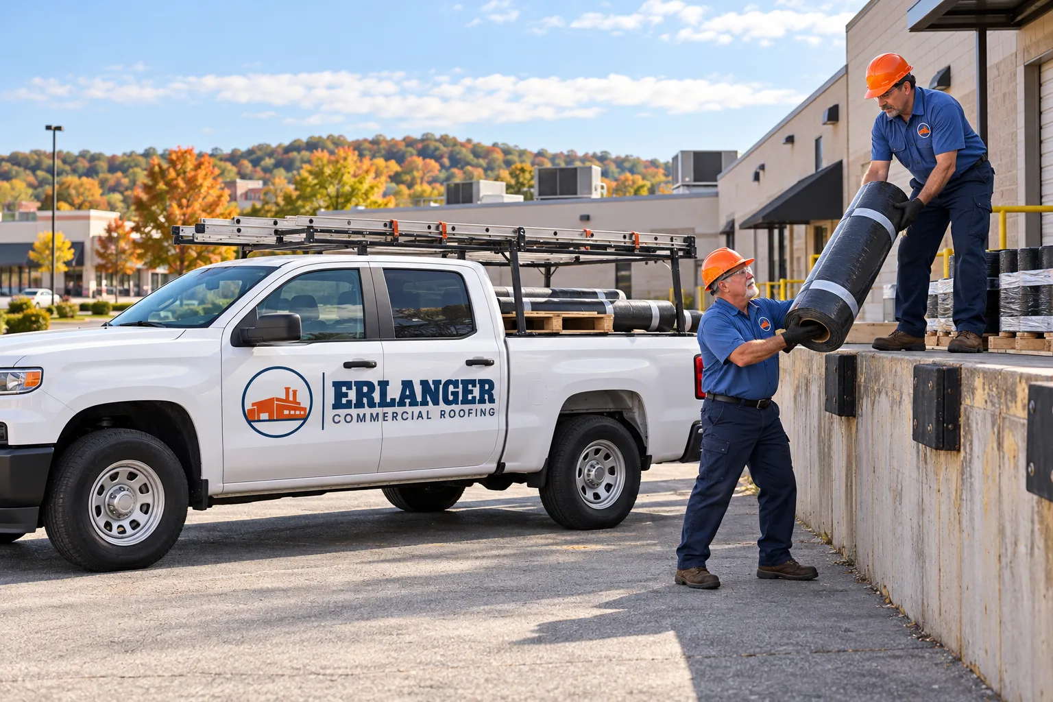 Commercial roofing work truck staged beside a low-slope building