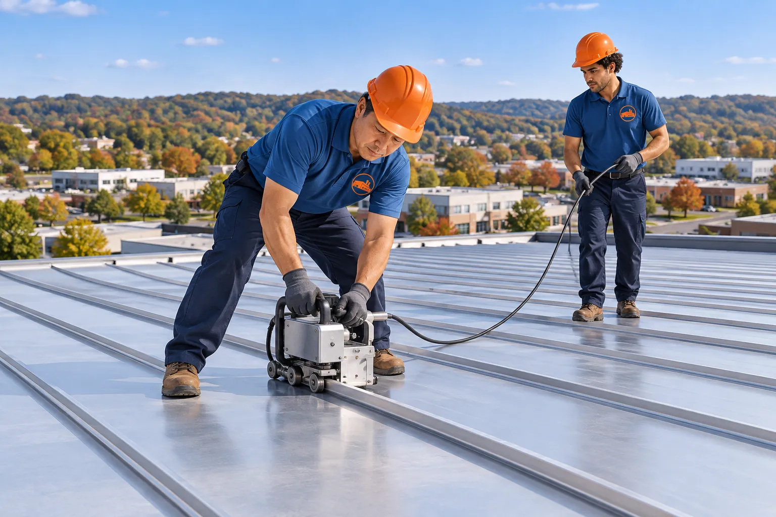 Roofers in logo uniforms fastening metal roof panels on a commercial building