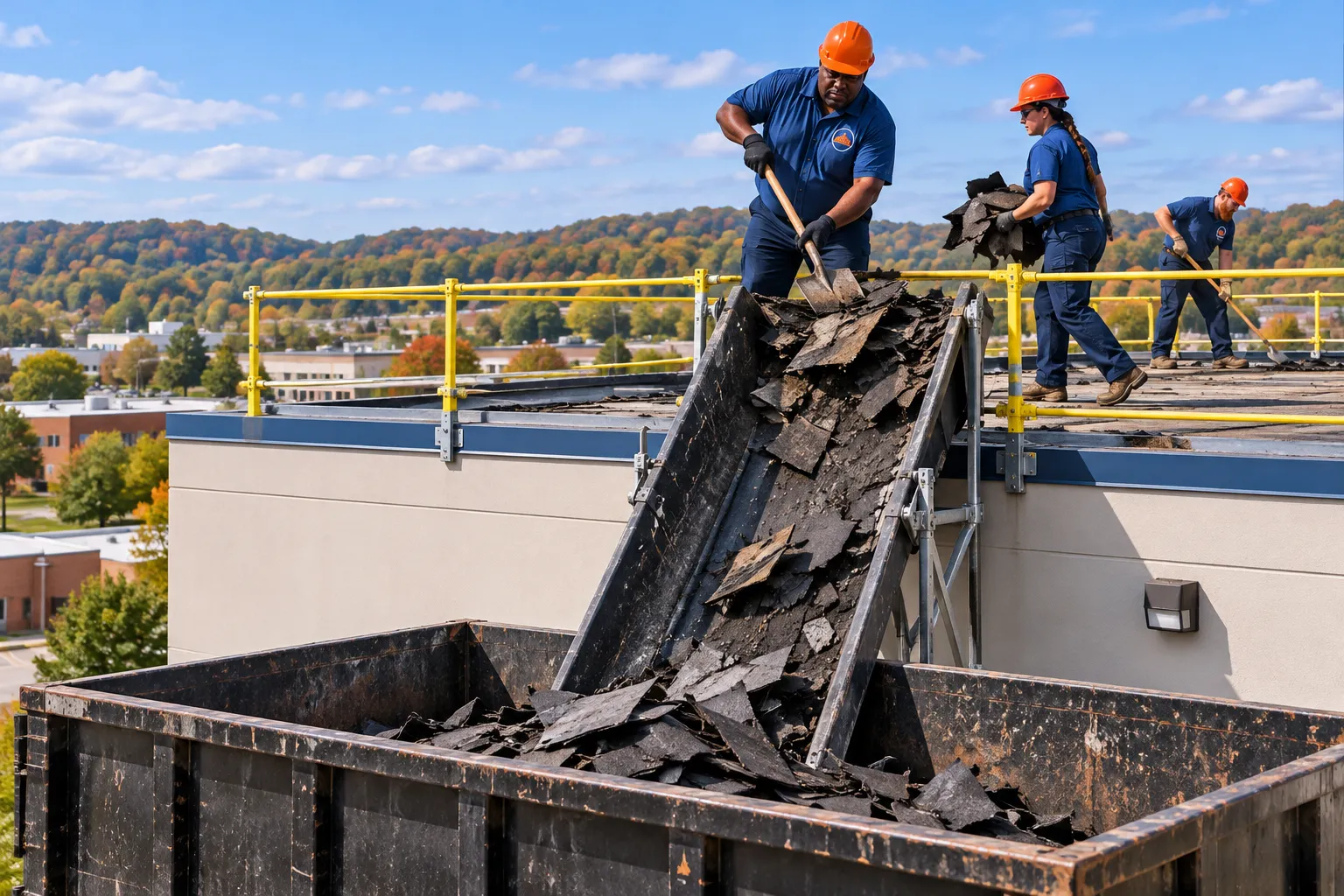 Roofers in logo uniforms tearing an old commercial roof down to the deck